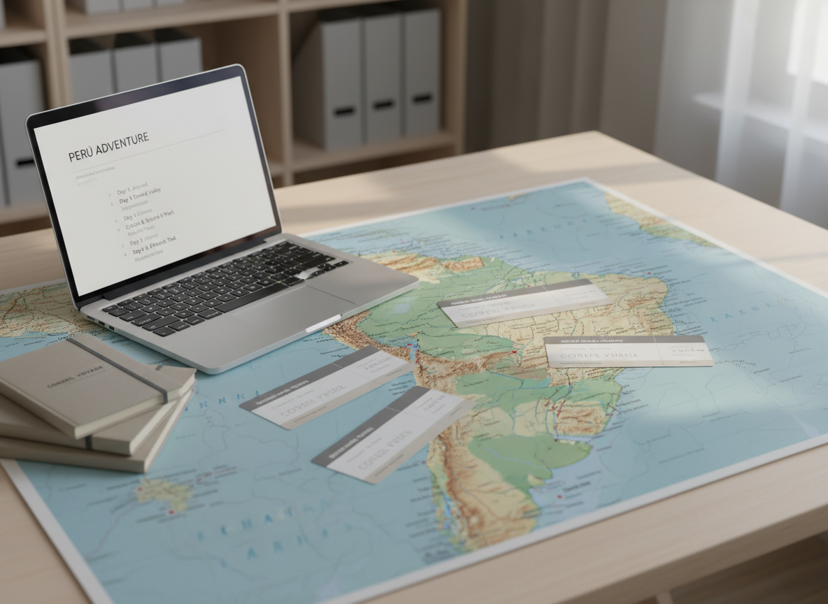 A clean, modern travel consultant’s desk themed around Peru, featuring a detailed topographic map of the country spread across a pale wood surface. On the map rest neatly arranged, logo-free boarding passes, a sleek silver laptop displaying a minimalist itinerary layout, and a small stack of neutral-toned notebooks labeled “Conseil Voyage”. Soft daylight from an unseen window washes across the desk, creating gentle, linear shadows and subtle highlights on the paper texture. The background is softly blurred, showing only hints of organized shelves and closed binders. Photographic realism, eye-level composition with a slight angle, balanced and uncluttered, corporate aesthetic in neutral beiges and cool grays, calm and professional mood emphasizing structured, tailor-made travel planning.