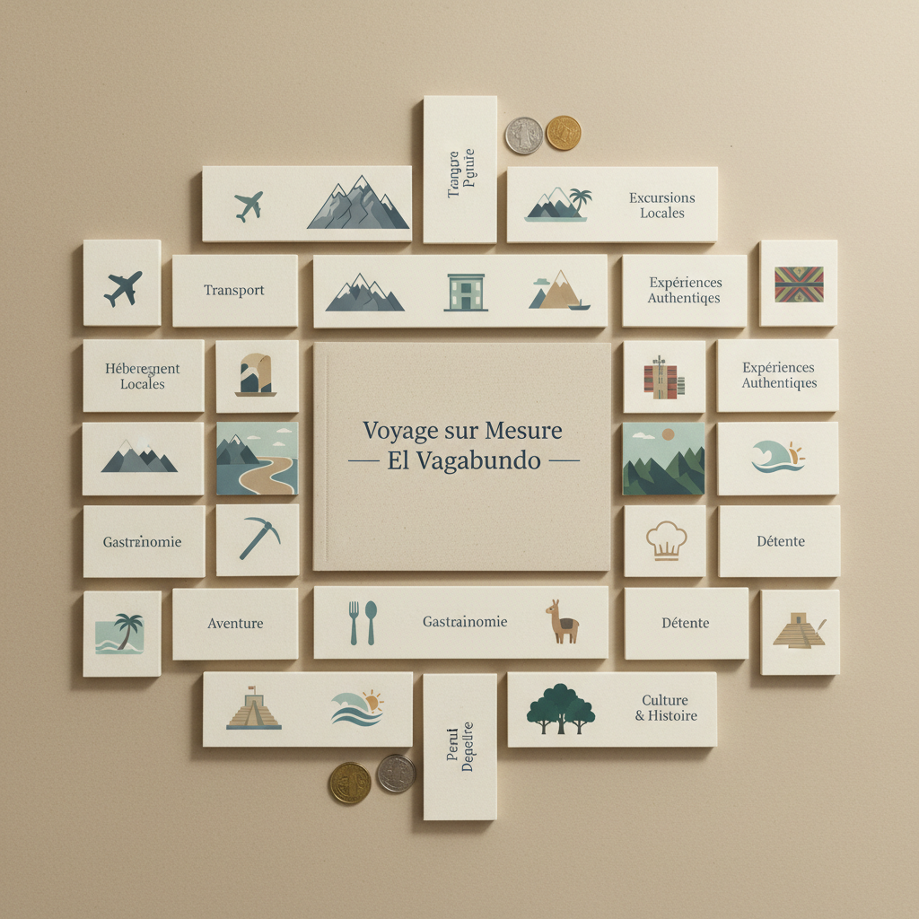 A detailed, overhead composition of a modular, custom trip planner for Peru laid out on a smooth, sand-colored desk. Rectangular cards labeled in French with categories such as “Transport”, “Hébergement”, “Excursions Locales”, and “Expériences Authentiques” are arranged like building blocks around a central neutral folder titled “Voyage sur Mesure – El Vagabundo”. Small, icon-style illustrations of mountains, coastlines, and rainforest appear in soft, desaturated colors. Diffused studio lighting from above produces subtle, precise shadows at the card edges, accentuating their structure. The mood is methodical yet inviting, with photographic realism and a strict, grid-like layout that evokes a clear, corporate consulting process connecting travelers with local Peruvian providers.
