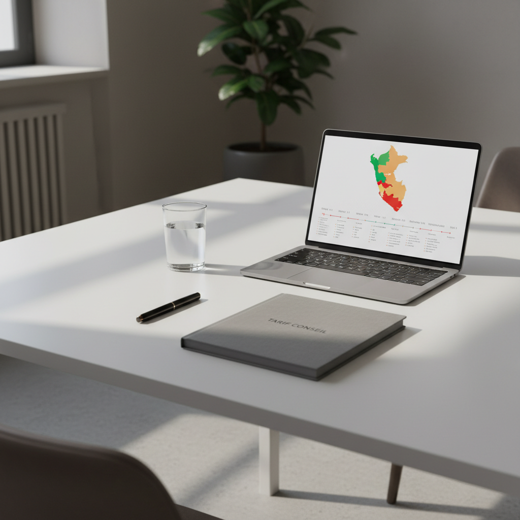 A minimalist meeting table prepared for a remote consultation about travel to Peru, set in a neutral-toned office with clean architectural lines. On the matte white tabletop sits an open, ultra-thin laptop displaying a stylized map of Peru and a timeline-style trip plan, beside a closed gray folder embossed subtly with “Tarif Conseil”. A glass of water and a single black pen are aligned meticulously. Soft, indirect daylight from a large, unseen window illuminates the scene, creating gentle, elongated shadows and a calm, focused ambiance. Shot from a slightly elevated angle with sharp focus throughout, the composition uses rule-of-thirds framing and generous negative space, achieving a photographic, corporate aesthetic that communicates clarity, professionalism, and advisory expertise.
