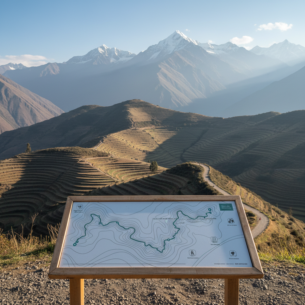 A serene, high-altitude Andean landscape in Peru rendered with photographic realism, showing terraced fields and a distant mountain range under a clear, pale blue sky. In the foreground, a simple, unbranded wooden signboard stands on a gravel path, displaying a clean, modern infographic-style route map with neutral grays and a single accent color. The early morning light is cool and directional, casting crisp shadows along the terraces and subtle rim light on the sign’s edges. Captured at eye level with wide depth of field, the composition is balanced and uncluttered, emphasizing both nature and structured information. The atmosphere is calm, trustworthy, and aspirational, evoking expert guidance through authentic Peruvian landscapes without any visible people.