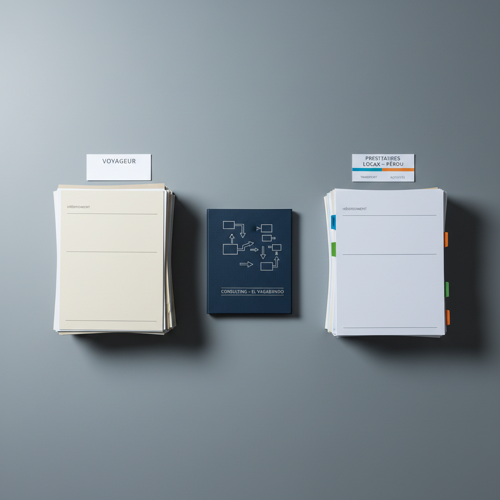 An ultra-organized workspace representing brokerage between travelers and local Peruvian providers, with two distinct stacks of documents on a wide, matte gray desk. One stack, marked “Voyageur”, contains neutral-toned, minimalist forms, while the other, marked “Prestataires Locaux – Pérou”, shows discreet color tabs for lodging, transport, and activities. In the center lies a refined, slim binder labeled “Consulting – El Vagabundo”, slightly open to reveal structured charts. Soft, cool-toned overhead lighting creates uniform illumination and crisp shadows, enhancing the sense of order. Captured from a slightly elevated, frontal angle with a wide field of view, the composition is symmetrical and balanced, reflecting a clean, corporate, photographic aesthetic that communicates transparency, rigor, and the intermediary role of the agency.