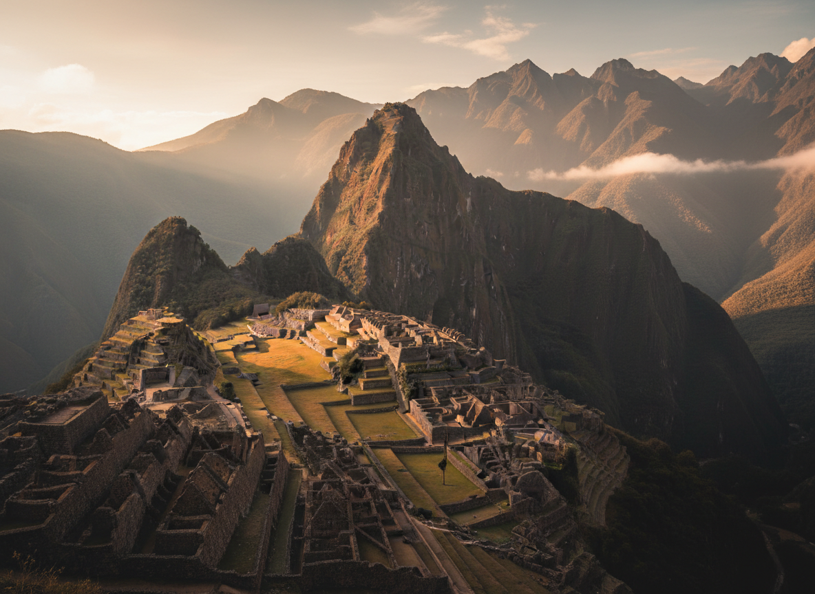 Sweeping cinematic landscape of the Peruvian Andes at golden hour, terraced Inca mountains, dramatic warm ochre and terracotta light, distant traditional stone terraces, atmospheric misty peaks, rich earthy sand-and-clay color palette, photographic, immersive travel photography, no people, no text